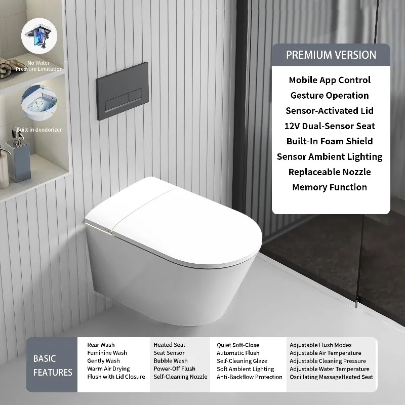 โถสุขภัณฑ์อัจฉริยะติดผนัง ฝาเปิดอัตโนมัติ พร้อมเซ็นเซอร์ตรวจจับการเคลื่อนไหว ระบบทำความร้อน รีโมทคอนโทรล ทรงยาว ไม่มีข้อจำกัดแรงดันน้ำ