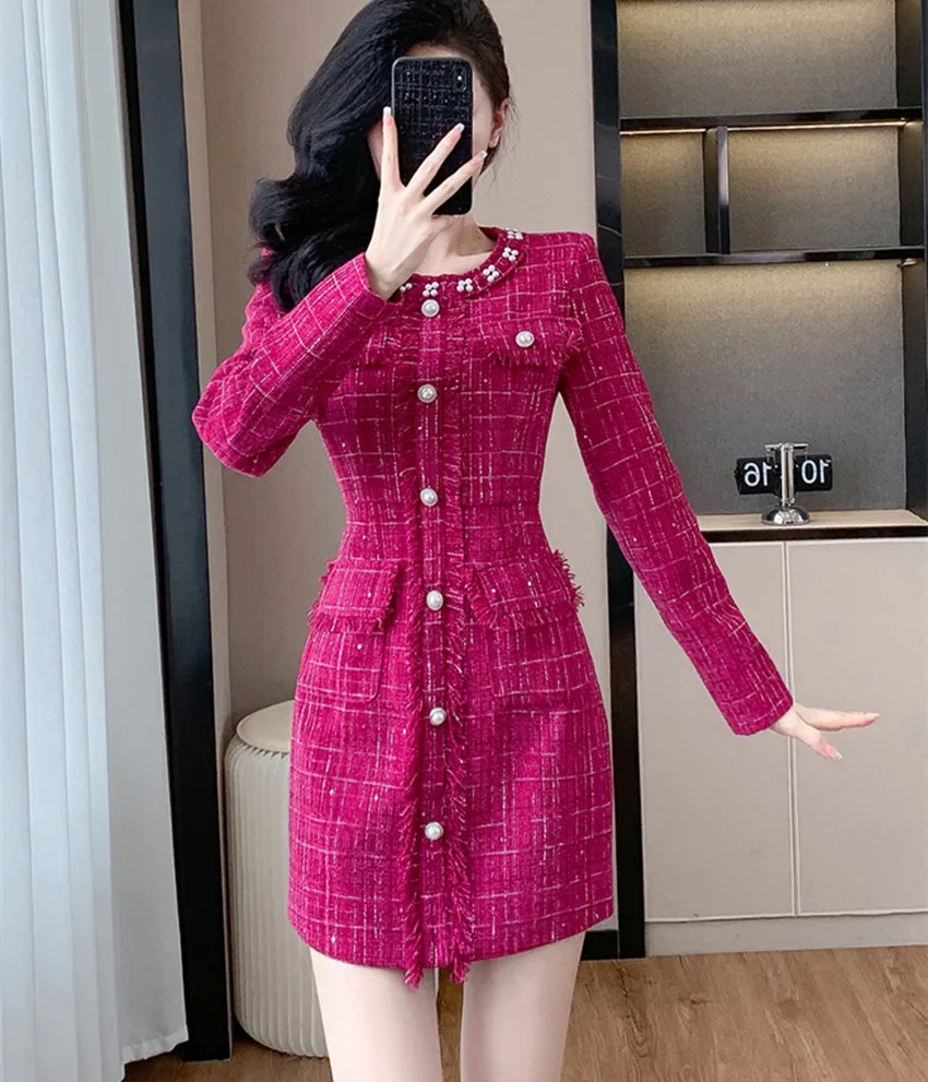 New High Quality Rose Red Plaid Tweed A Line Dress Fashion Women Autumn Pearls Beaded Tassel Long Sleeve Slim Bodycon Vestidos