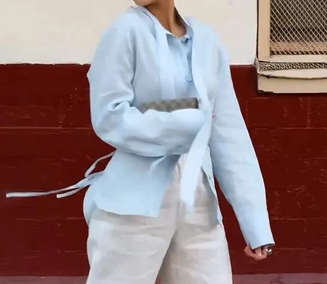 2025 outono senhora commute outwear elegante feminino bandagem camisa azul manga longa rendas até único breasted blusas finas femininas