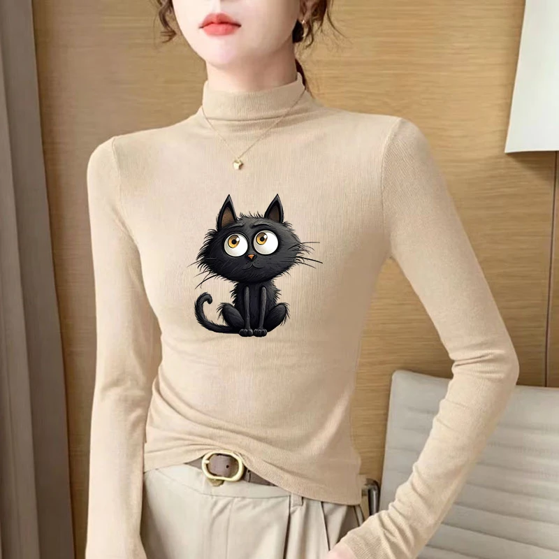 Winter Women's Thermal Brushed Fleece Half Mock Neck Long Sleeve T Shirt Cute Black Cat Surprised Graphic Warm Tee