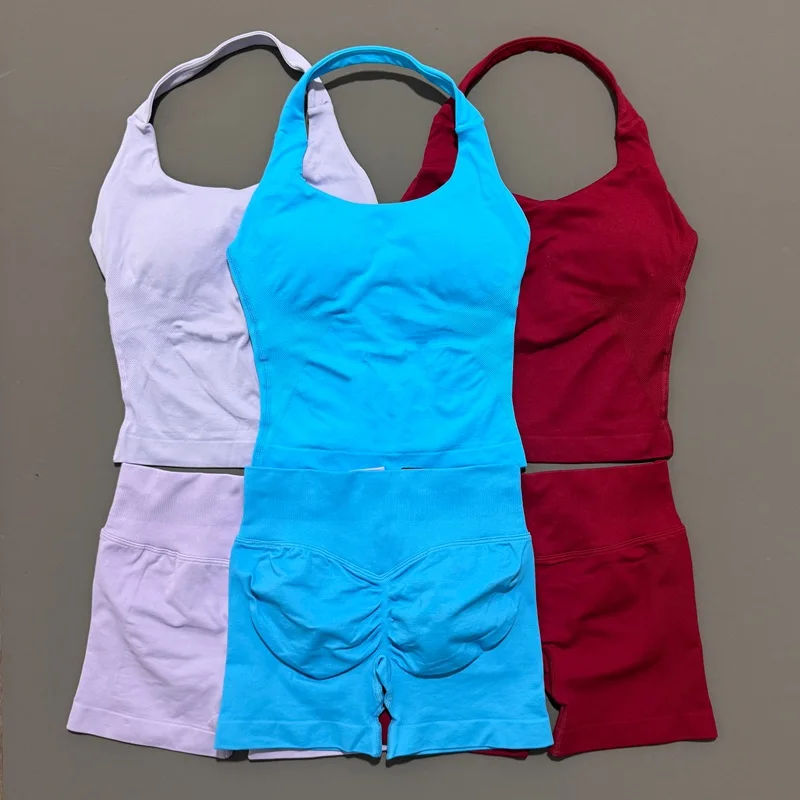 2 Peice Histello Sports Set Women Seamless Halter Top Longline Strappy Padded Scrunch Shorts Set Yoga Suit Gym Workout Sets image 4
