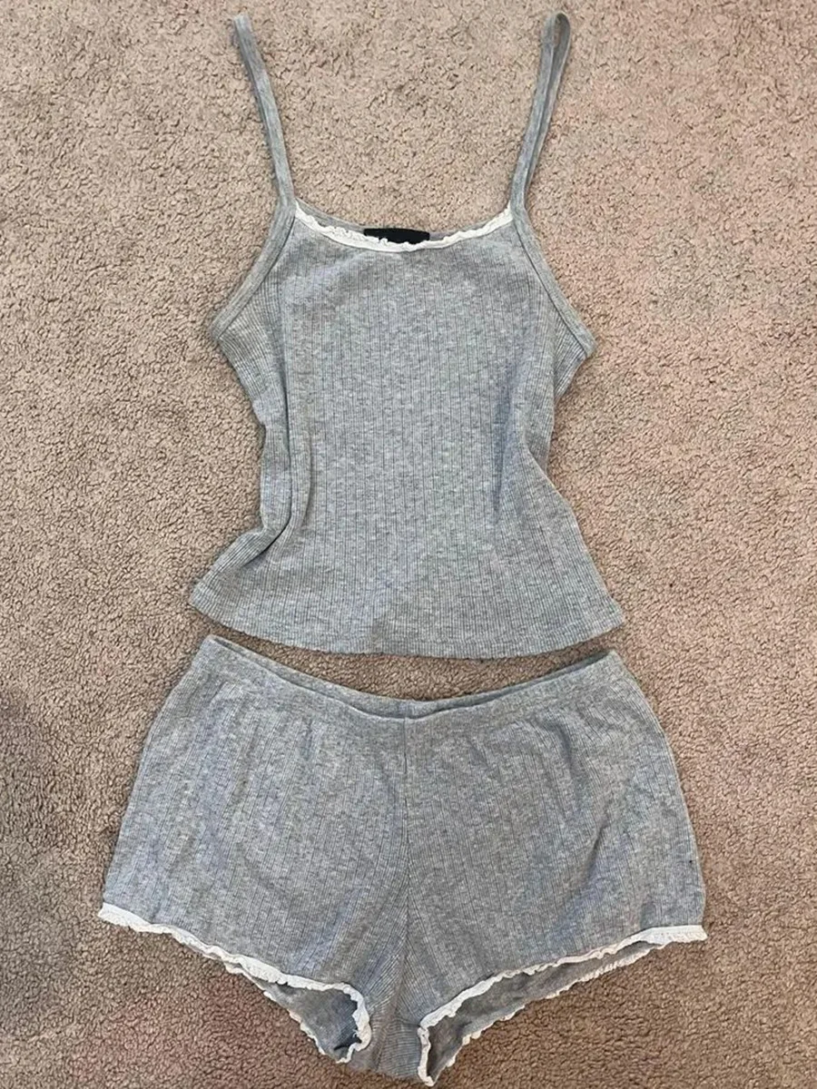 

Однотонная ребристая кружевная отделка, комплект из 2 предметов, женские топы без рукавов + шорты с эластичной резинкой на талии, летние повседневные домашние уютные тонкие пижамы, новые