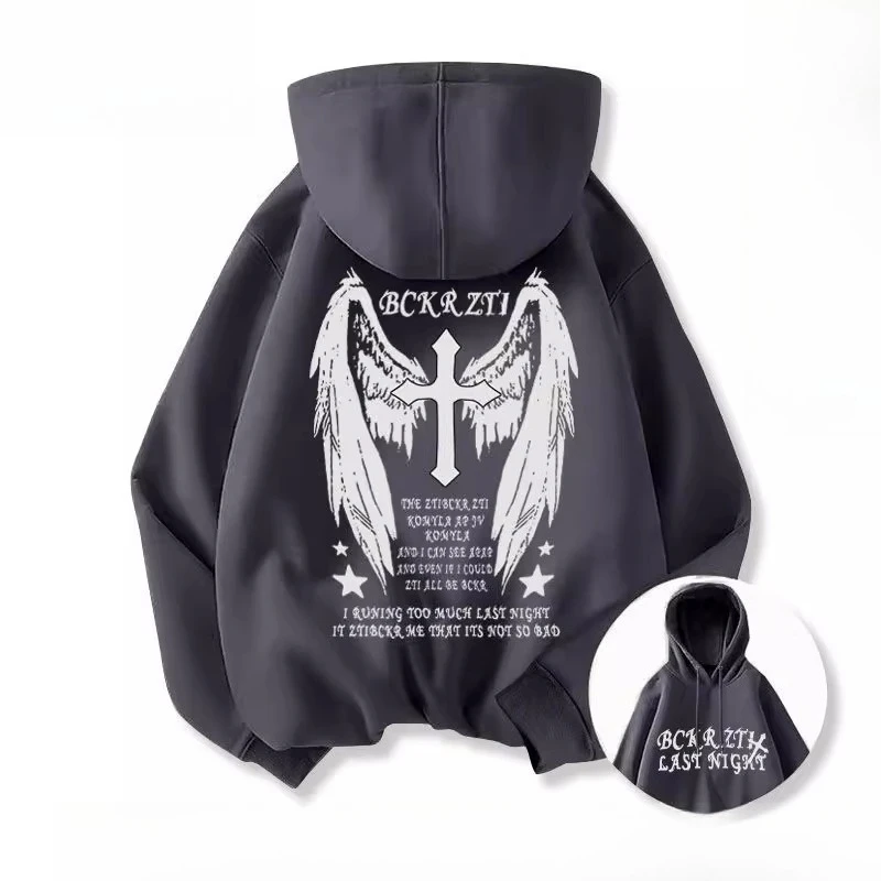 الجناح الصليب الظلام نمط الرجعية الرجال النساء طويلة الأكمام قمصان سويت شيرت بقلنسوة الخريف الشتاء اليومية في الهواء الطلق ملابس رياضية فضفاضة دافئة غير رسمية