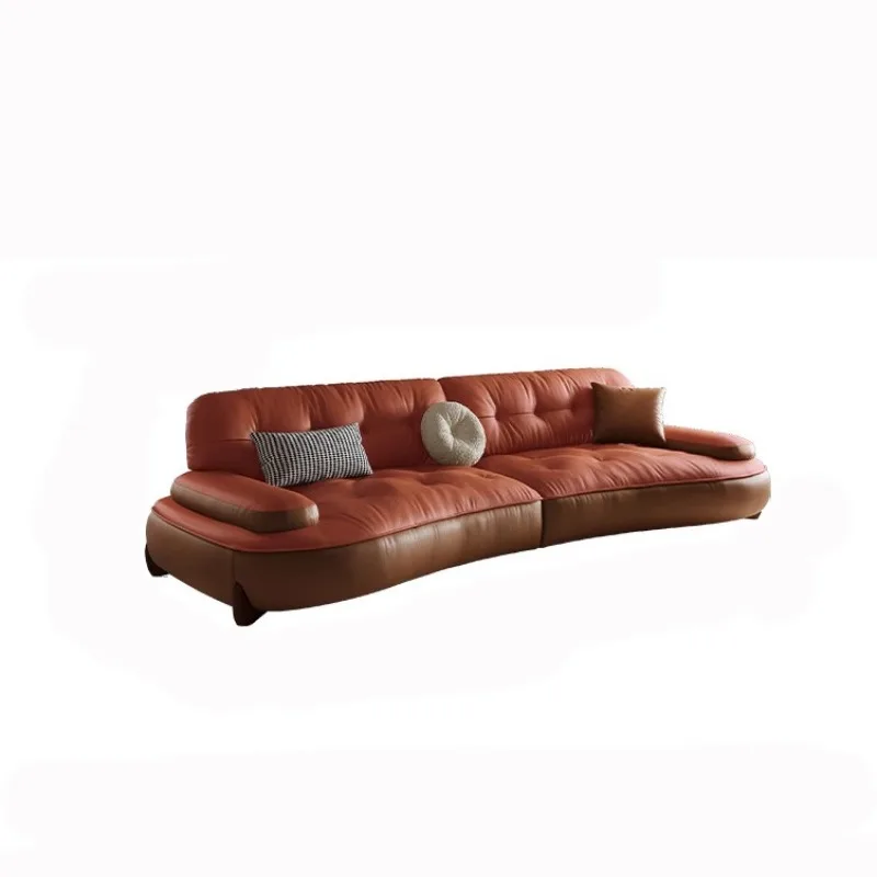 

Italian minimalist light luxury leather first layer cowhide living room small apartment solid wood retro leather art sofa