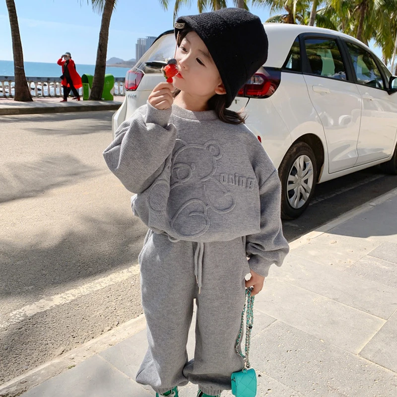 2 3 4 5 6 8 Years Spring Autumn Girls Clothing Set Cute Cartoon Bear Long Sleeved Hoodies+Pants 2Pcs Girls Sports Casual Suit