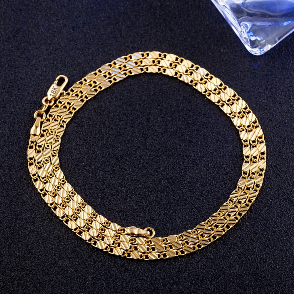 Fashion 18k Gold Necklace 2MM 16/18/20/22/24/26/28/30 Inch Side Chain Necklace For Women Men Jewelry Silver Necklace