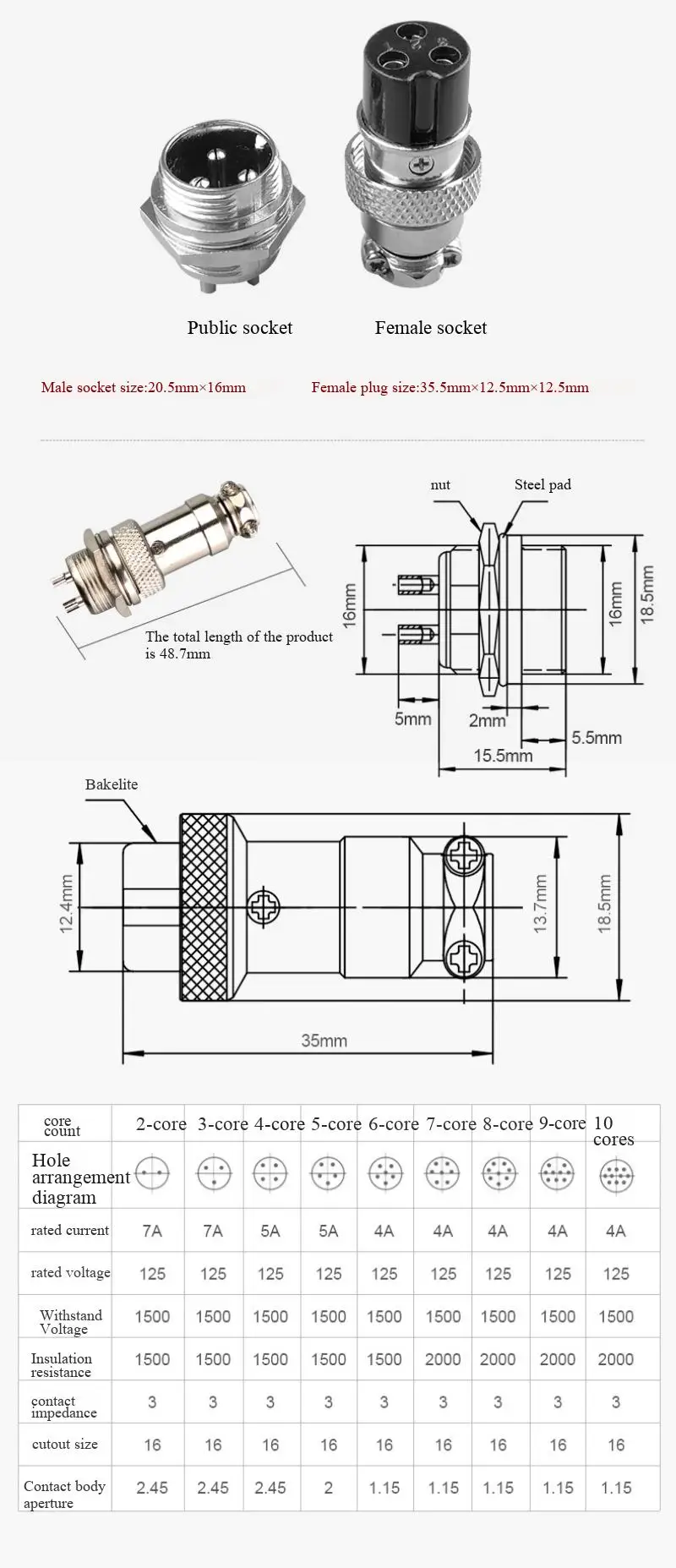 Luftfahrtstecker und -buchse GX16-2/3/4/5/6/7/8/9/10P Kern Stecker Buchse Steckverbinder – Detail 3