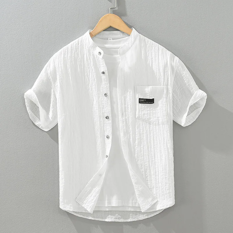 

High-End Color Bubble ort Sve Stand Collar Men's irt Summer Thin Drape Comfortable Casual irt