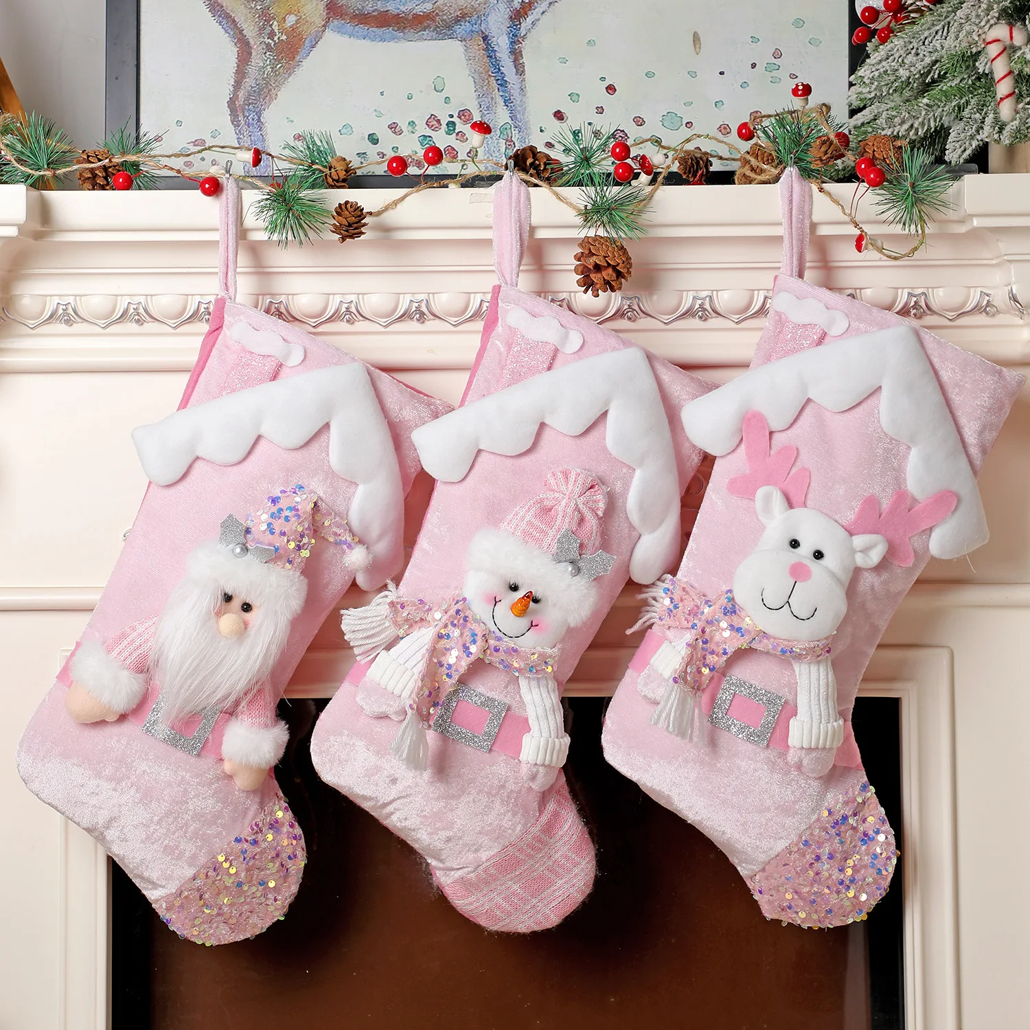 Pink Sequins Plush Christmas Stockings Large Size Snowman Elk Santa Claus Christmas Tree Decoration Candy Gift Bag Socks Gifts