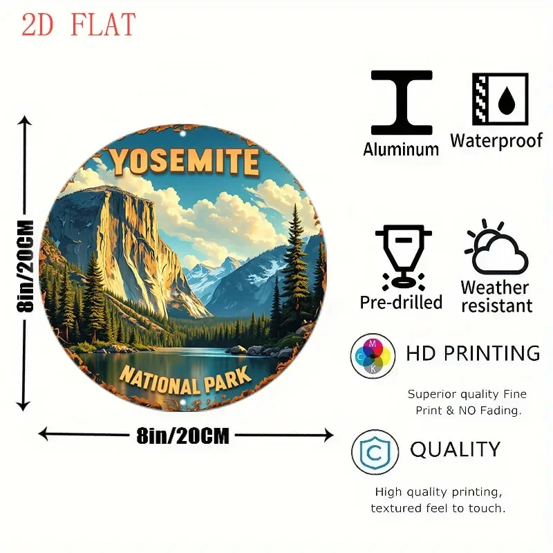 Yosemite 8 Inch Round Aluminum Metal Sign 2D Mountain River Landscape Wall Art Decor For Bedroom