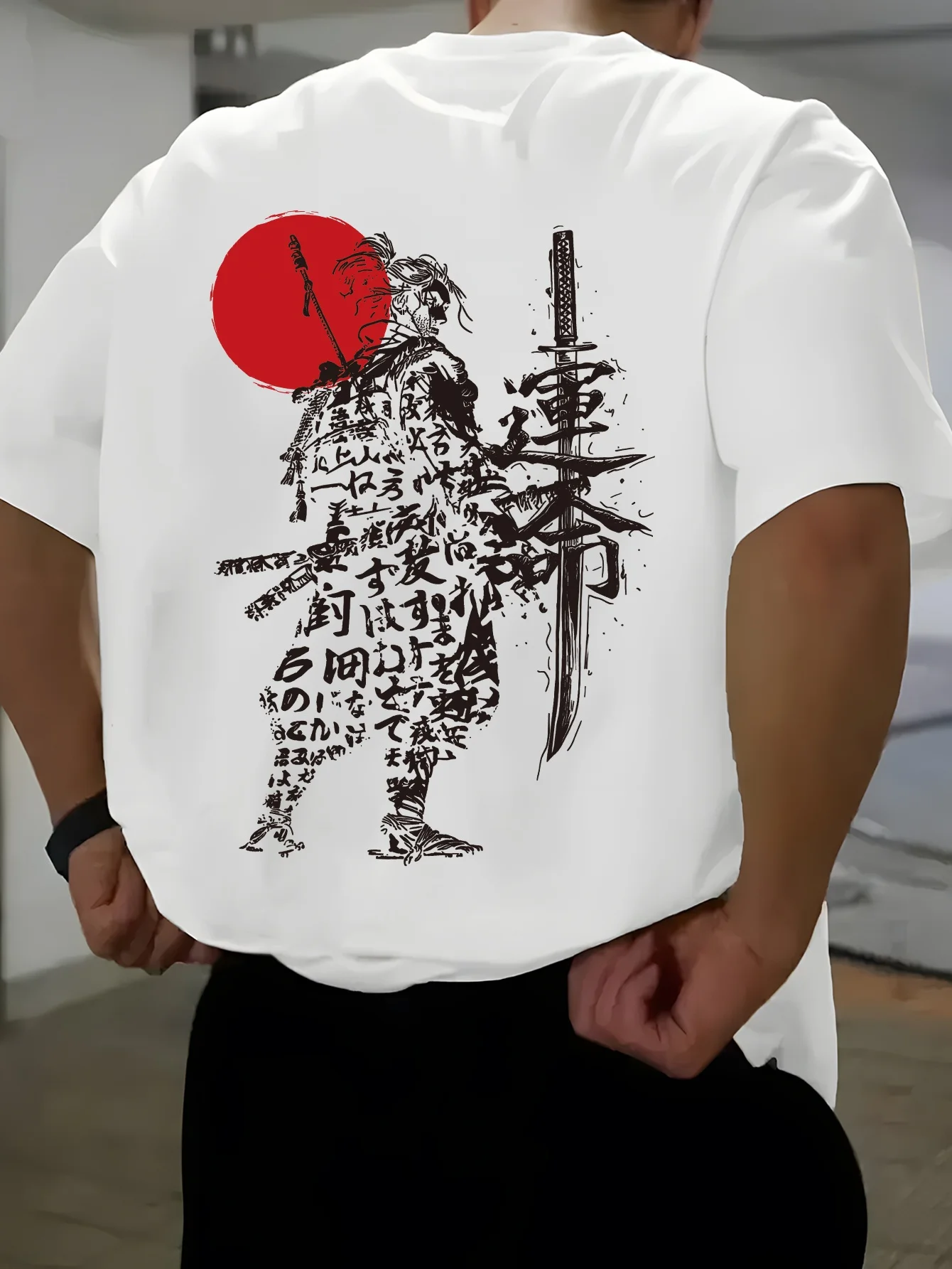 Neues Sommer-T-Shirt für Herren mit Samurai-Muster und japanischem Kalligrafie-Design, Roter Rundhalsausschnitt, Locker und Atmungsaktiv