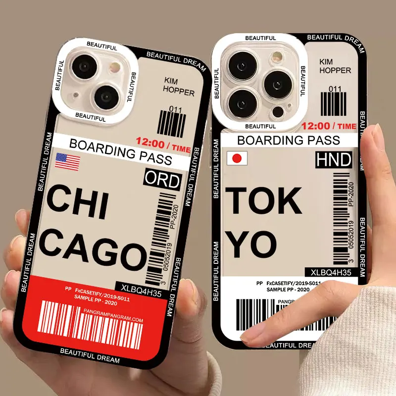 INS Fashion Design New York Seoul Tokyo Boarding Pass Ticket Case for iphone 13 12 11 14 Pro Max XS X XR 7 8 Plus SE Clear Cover