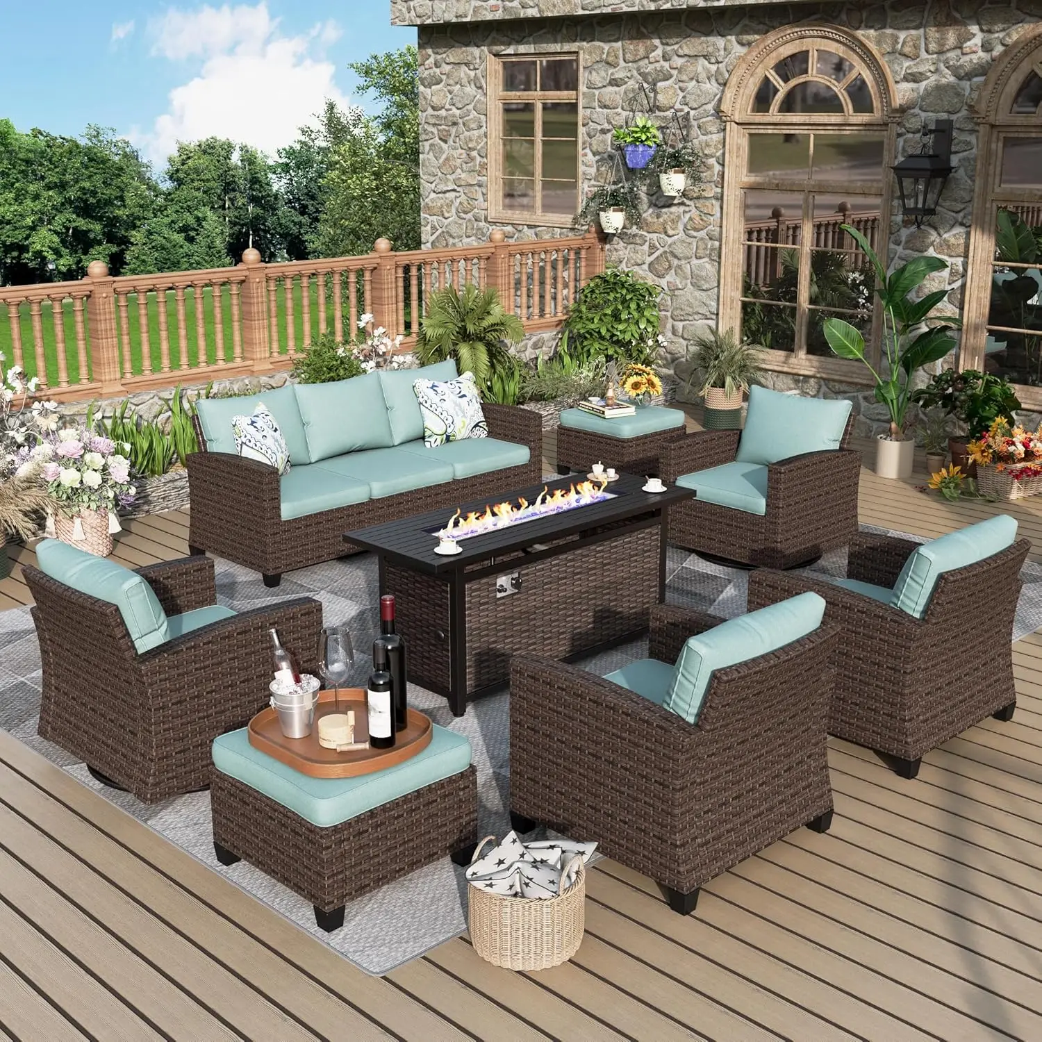 

8 Pcs Wicker Outdoor Conversation Set,2 Swivel Chairs,2 x Leg Chairs,1 x 3 Seater Sofa and 2 x Ottomans and 56" Fire Pit Table