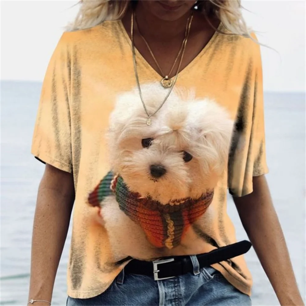 

Summer Cute Dog 3D Print T-shirts Women Casual Fashion Streetwear Y2k Short Sleeve V-Neck T Shirt Harajuku Tees Tops Clothing