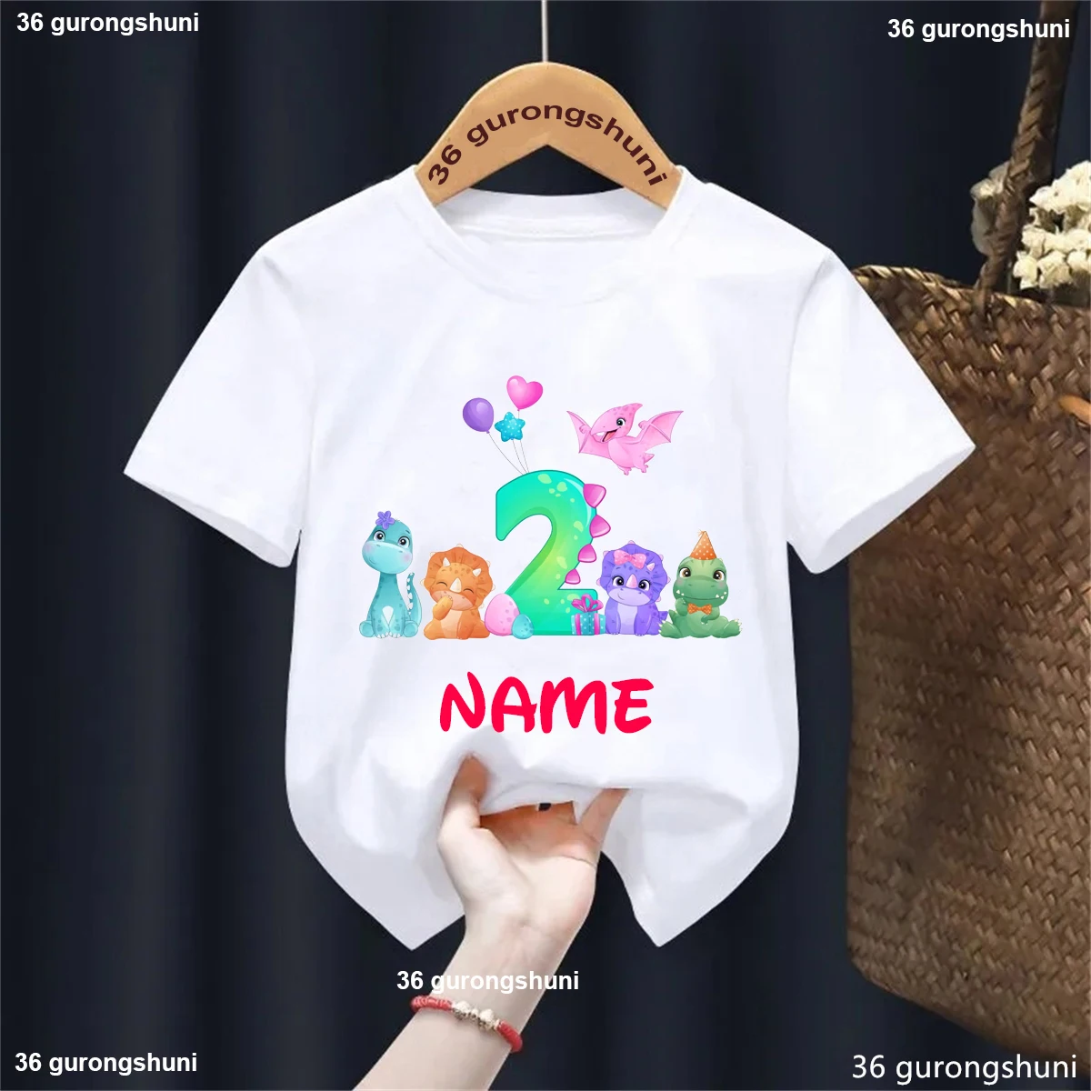 

Custom Name 2nd Dinosaur Balloon Printed T Shirt Girls/Boys Dino T-Rex Funny Toddler Kids Clothes Summer Kawaii Solid T-Shirt