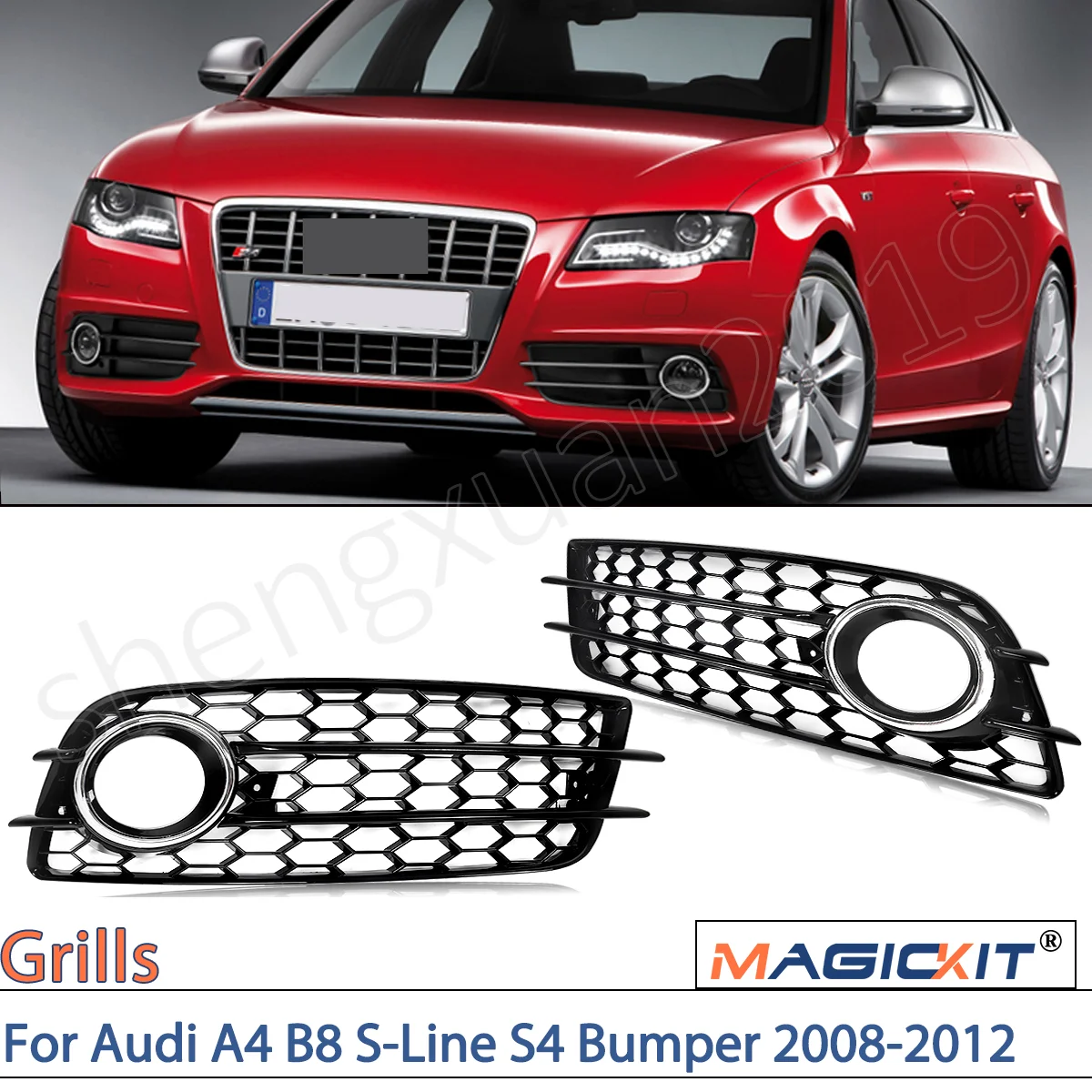 MAGICKIT Fits FOR Audi A4 B8 S-Line S4 RS4 2008-2012 Model Style Fog Light Grille Cover W Chrome Ring CAR Accessories