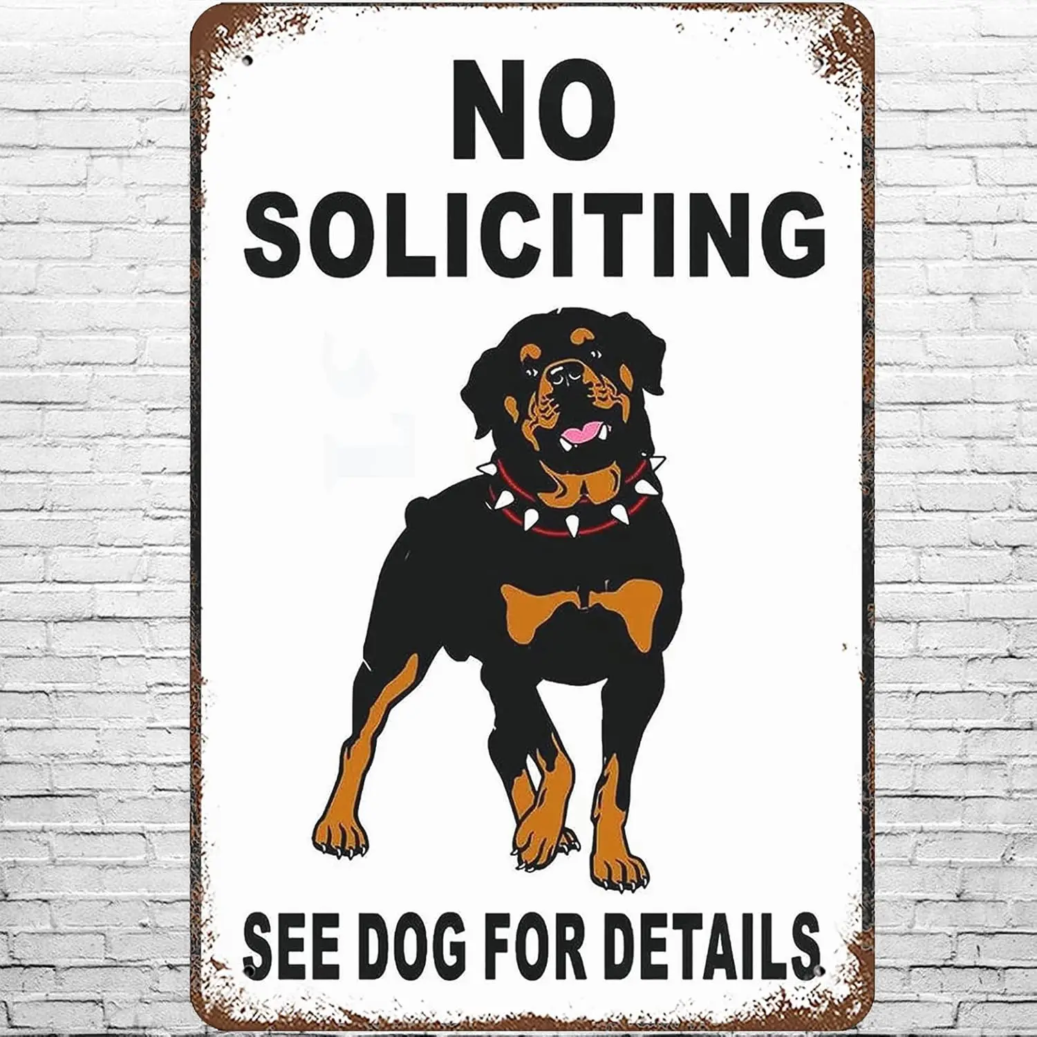 Metal Sign Vintage No Soliciting, Retro Wall Decor Rottweiler Warning Caution Be Ware Of Dog Pet lovers Funny Humor Weird Tin Si