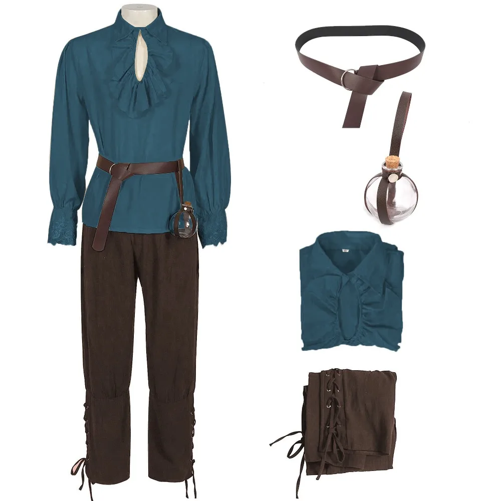 زي القراصنة الأوروبي العتيق - مجموعة قميص ومؤخرات من الكتان المتعثر لعروض المسرح