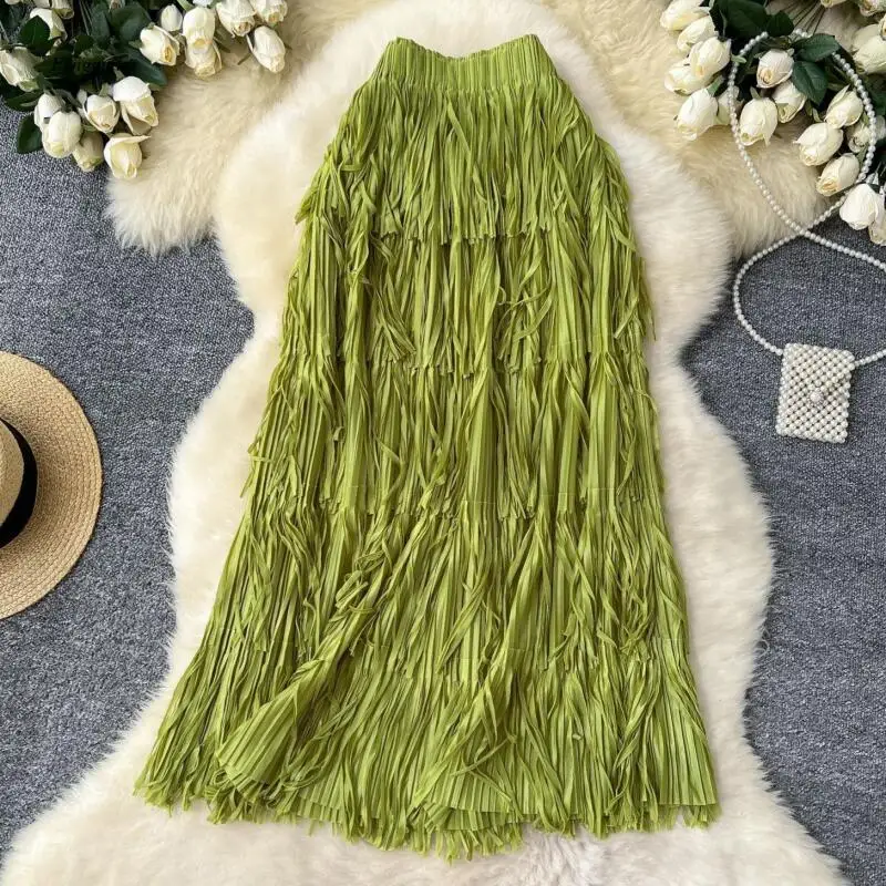 Tassel Half-Length Skirt - Versatile and Slimming A-Line Dress - Mid-Length High-Waisted Cake Dress