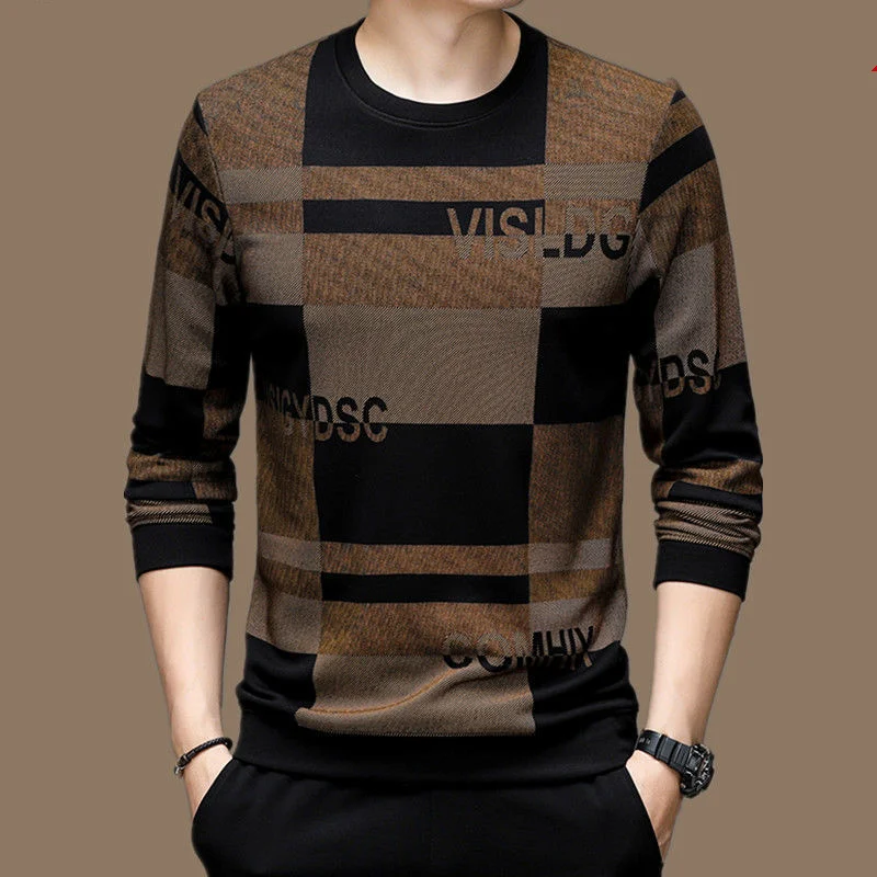 Printing Long Sleeve Pullovers Interior Lapping Fashion Loose Tops Autumn Winter Thin Men T-Shirts O-neck Trend Men\'s Clothing