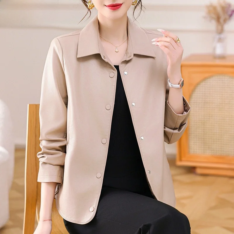 Sli Mommy Herbstmode 2024 Neue Oberbekleidung Kleine Größen Trendige Verjüngende Lederjacke für Frauen Mittleren Alters Frühling Herbst