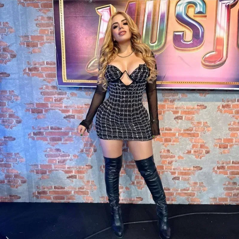 Guwu-女性用長袖メッシュカバーアップ、ダイヤモンド、ホットラインストーン、チェック柄ボディコン、ミドル丈ドレス、パーティードレス、誕生日