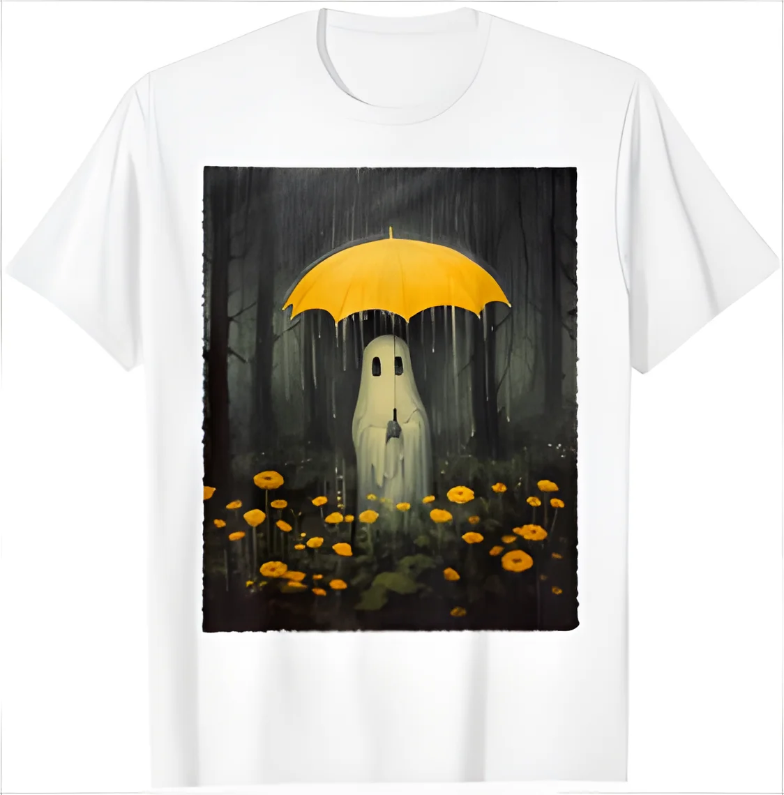 Vintage Floral Ghost Halloween Gothic Ghost Dark Forest Rain T-Shirt