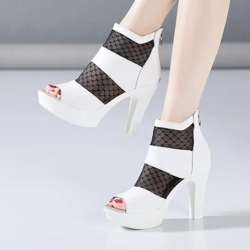 Small Size 32-43 Peep Toe Cutout Lace Soft Leather Shoes Women Summer 2024 Block High Heels Gladiator Sandals Sexy Booties
