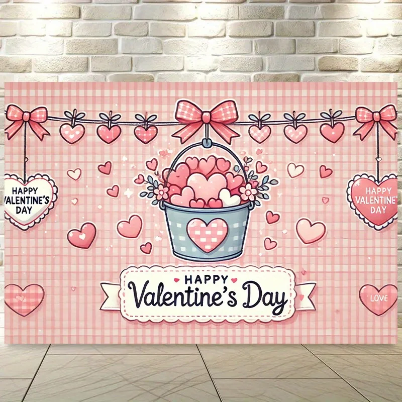 Happy Valentine's Day Heart Bucket Backdrop Polyester Wall Decor with Hearts Tapestry, Balloons, and Roses Perfect for Photos