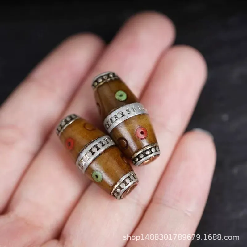 Ox Bone Copper Inlaid Dzi Pendant Semi-Finished Loose Bulge Beads Waist Bead Pot Cover Knob With Beading