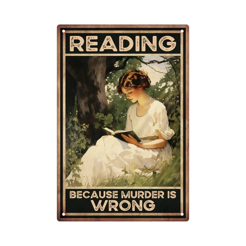 （2D Tin painting）Funny Reading Murder Is Wrong Metal Tin Sign Vintage 7.8x11.8in Books Wall Decor