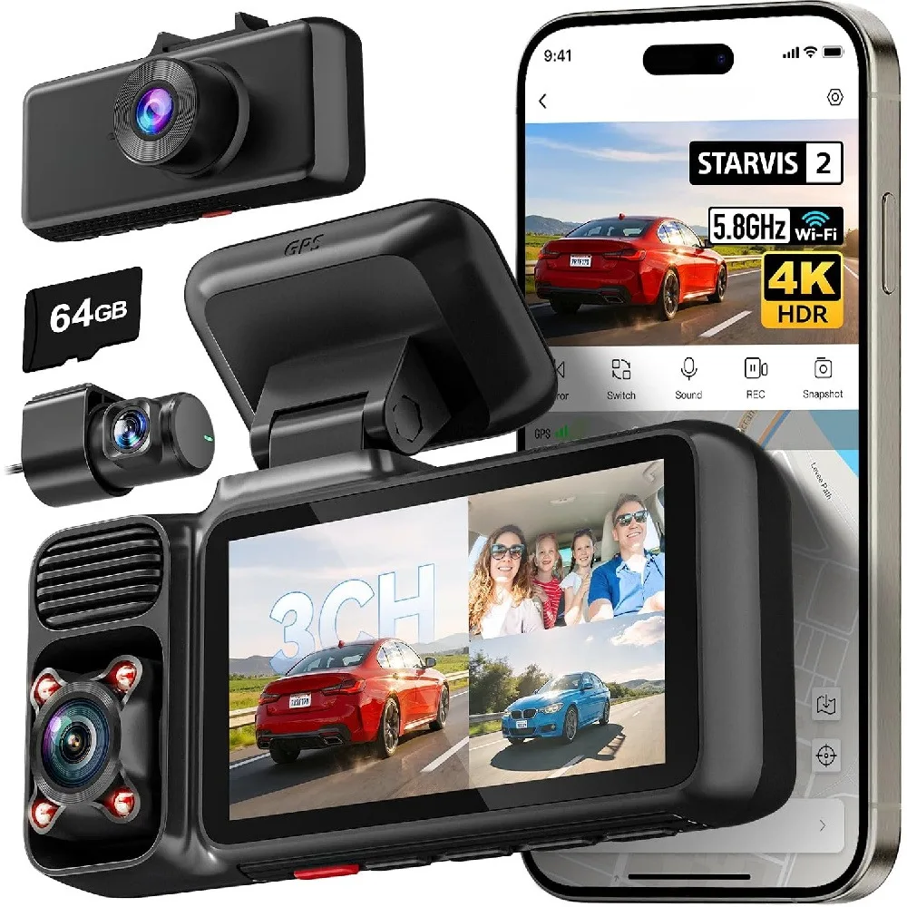 4K WiFi 3 Channel Car DVR Three Way Dash Cam Inside Vehicle Camera DVRs Recorder FHD 1080P Video Record