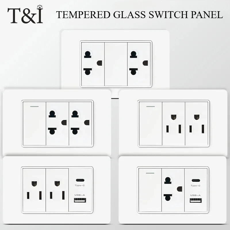 

118*75mm Tempered Glass US Wall Socket White Thai USB Socket Plug with Dual USB Type-C Ports,Light Switch 110V