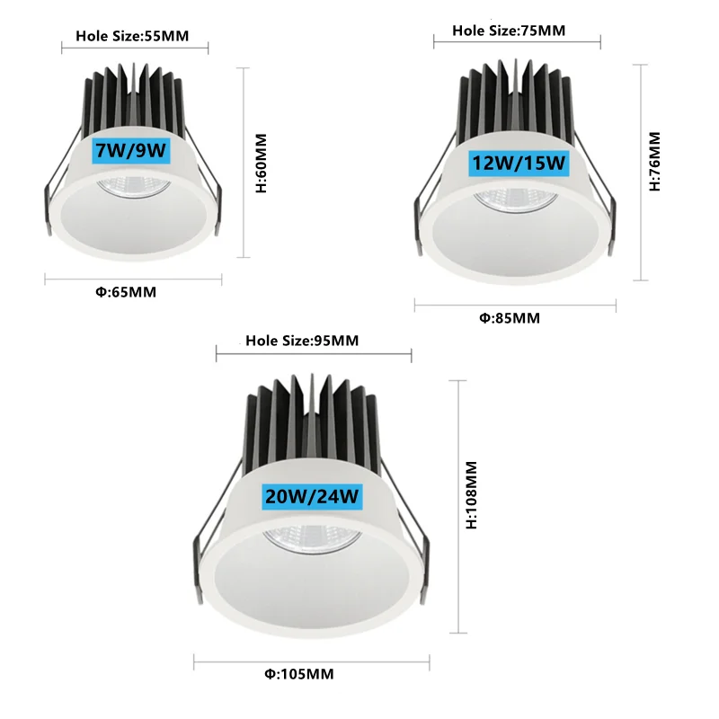 O diodo emissor de luz pode ser escurecido downlight 20w 24w 7w 9w 12w 15w cob conduziu o ponto 220v/110v lâmpada do teto recessed para baixo ilumina o spotlight conduzido redondo 24 °