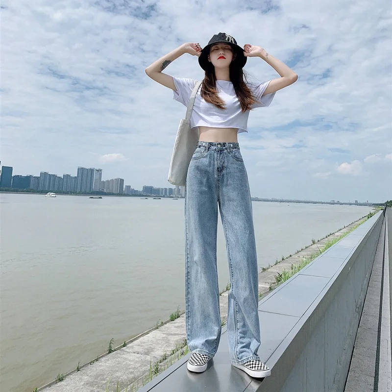 Korean Version of High Waist Wide-leg Jeans, Women's Spring and Summer New Fashion Loose Casual Straight Leg Floor-length Jeans