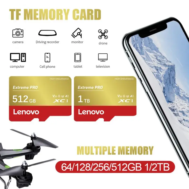 Lenovo หน่วยความจํา SD การ์ด 2TB SD 1TB 512GB TF Flash Card 256GB A2 V30 Micro TF/SD Card 128GB สําหรับแท็บเล็ต/โทรศัพท์ Android