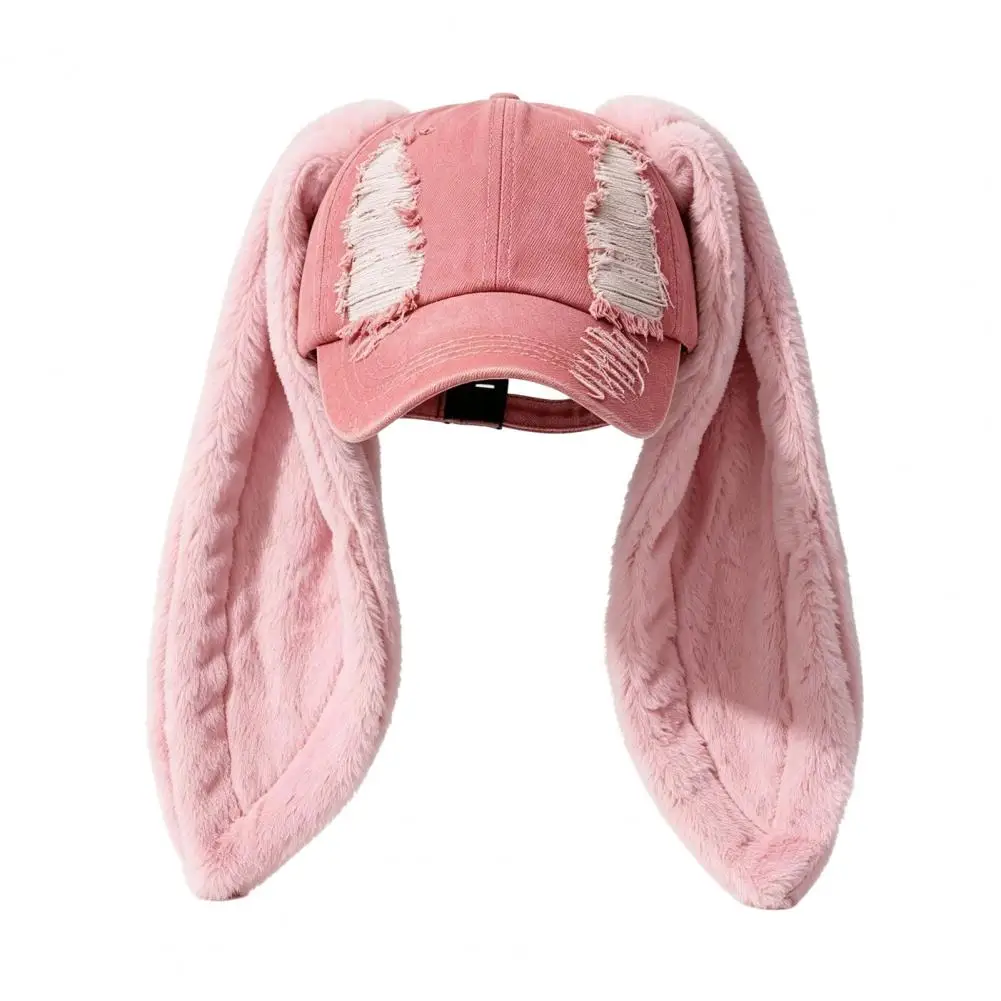 Baseball Cap with Plush Rabbit Ears Washed Lightweight Distressed Peaked Hat for Winter, Long Bunny Ear Baseball Hat 6