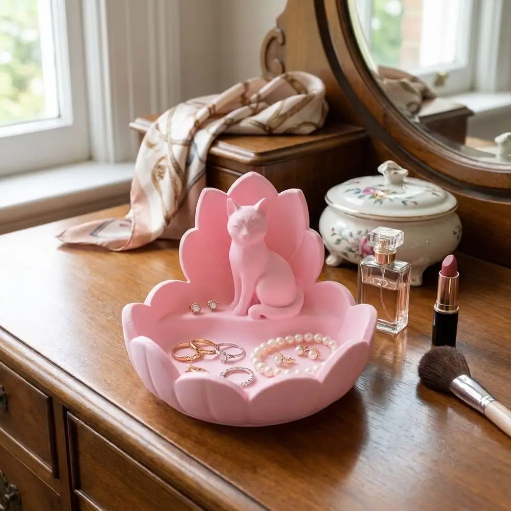 Cute Lotus Cat Jewelry Storage Tray Lotus-Shaped Stable Base Cosmetic Storage Dish Plastic 3D Printed Key Storage Bowl
