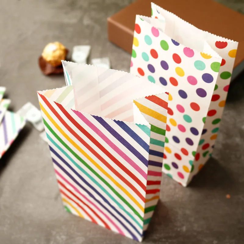 5pcs Rainbow Print Paper Bags Small Candy Cookie Goodie Bag Wedding Birthday Event Party Packaging Supplies Home Decoration