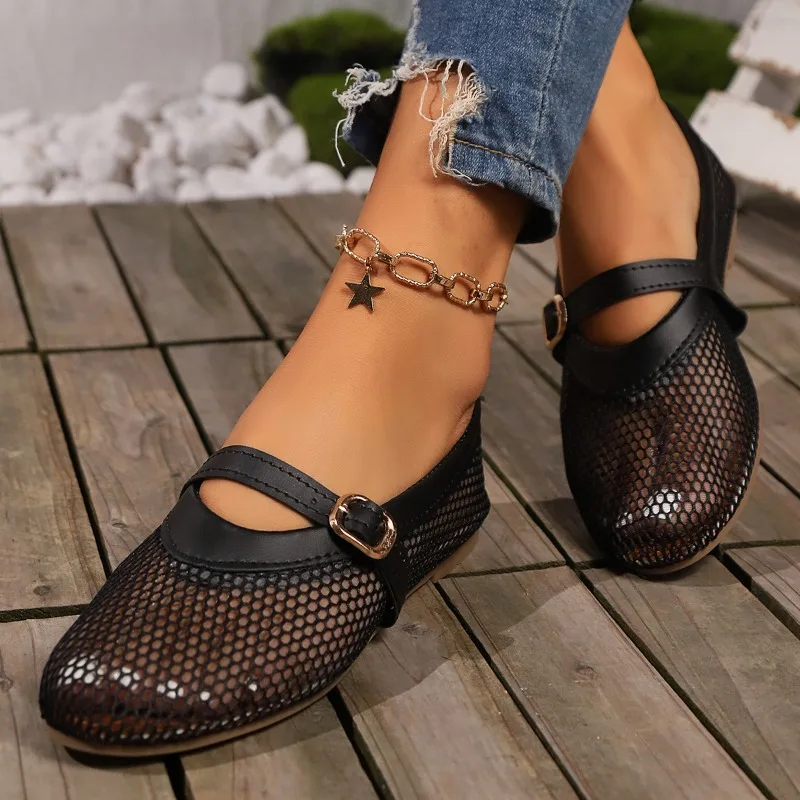 Round head one buckle strap ballet shoes women's soft bottom flat hollow Mary Jane single fishing net shoes image 5