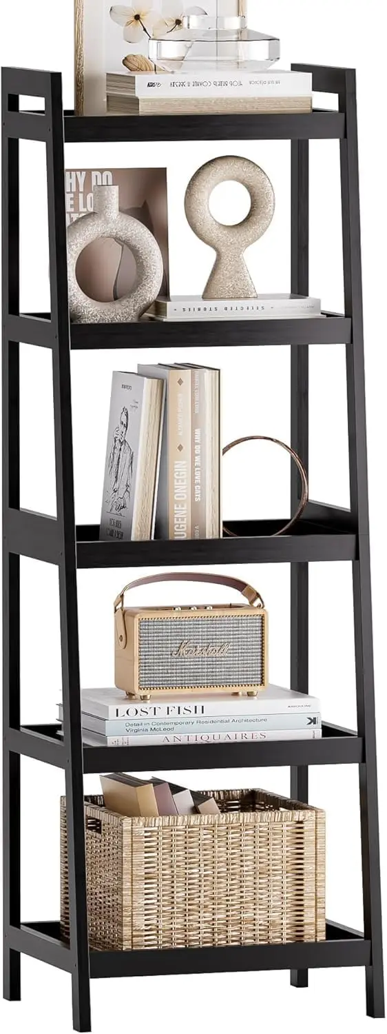 

Bamboo Ladder Bookcase, 5-Tier Freestanding Storage Rack, Black, 50' H, Space-Saving Organizer for Bedroom, Kitchen, Balcony