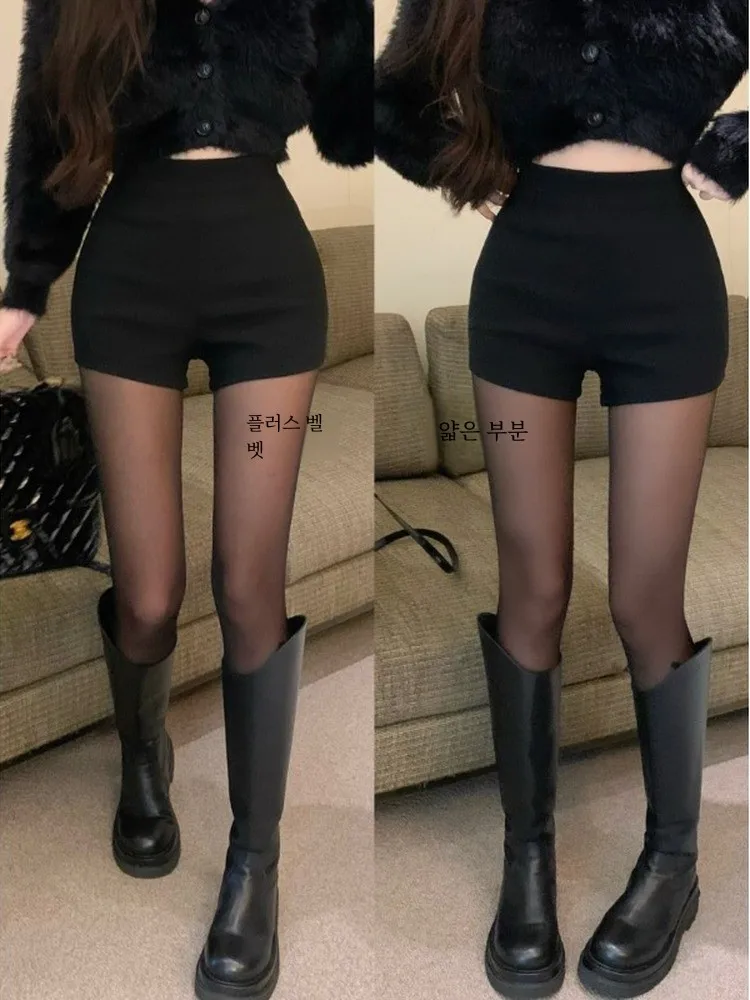 Black High Waist Gyaru Outer Wear Slim fit Tight Slimming Shorts Women's Autumn and Winter Stretch Casual Fleece-lined Bottom...