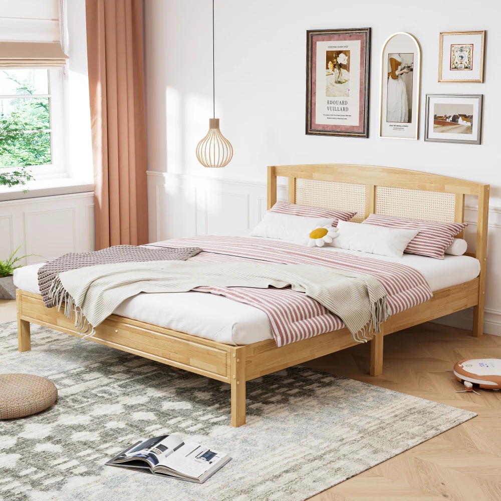 PINGGO Naturrattan-Doppelbett 160x200cm Kiefernholz PE-Rattan 15 Latten Mittelstützfüße Rattan-Netzkissen Ohne Matratze – Detail 6