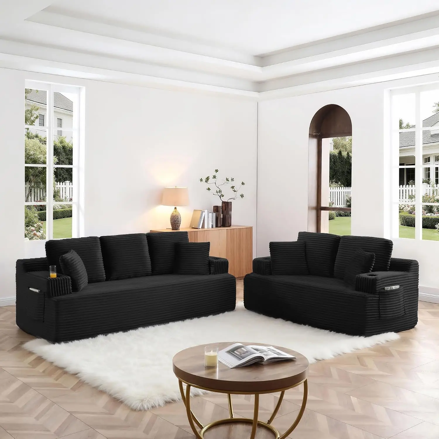 Corduroy 3-Seat Sofa & Loveseat Set With Cup Holders, Side Pockets, 4 Pillows For Living Room & Office, No Assembly, Customized