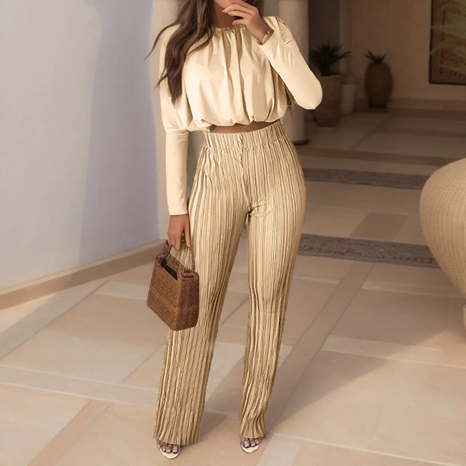 

Women's Spring Elegant Two Piece Set Round Neck Long Sleeved Leaky Waist Pleated Shirt Elastic High Waist Casual Trousers Suit