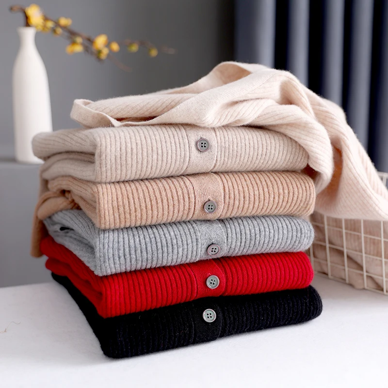 Hot Sale Autumn Winter New Female Wool Blend Sweater Woman V-neck Cardigan Fashion Casual Knitted Tops Solid Color Sweater