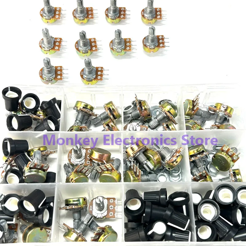 200pcs Wh148 Single 3pin Potentiometer Kit 1K 2K 5k 10k 20K 100k 50K 1M 250k 500k with Knob Single Set Shaft Nut 15MM