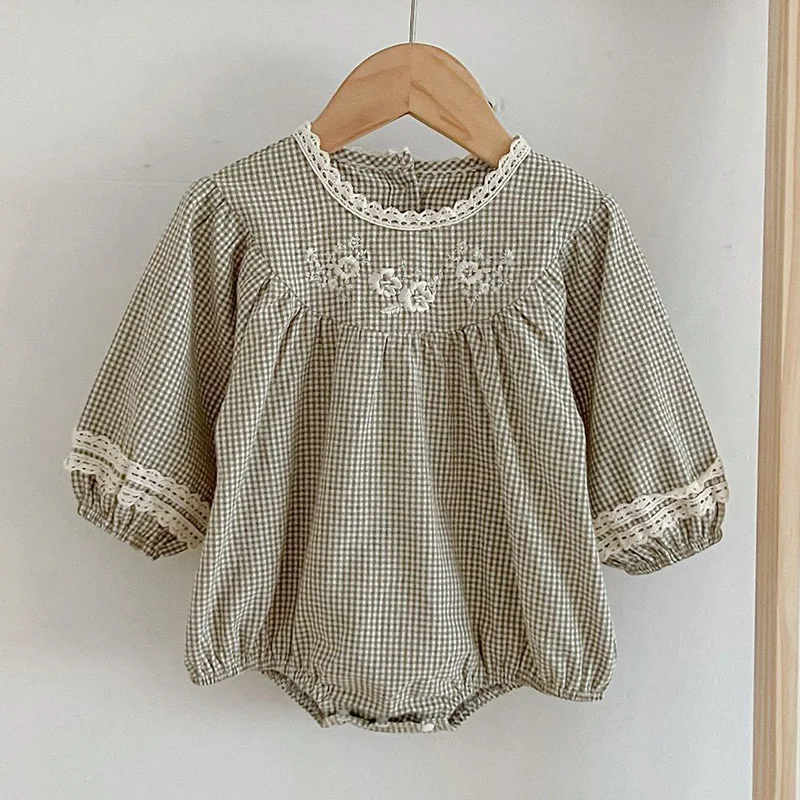 Newborn Kids Baby Girls Long Sleeve Sweet Embroider Grid Princess Rompers Autumn Infant Baby Girls Rompers Clothes