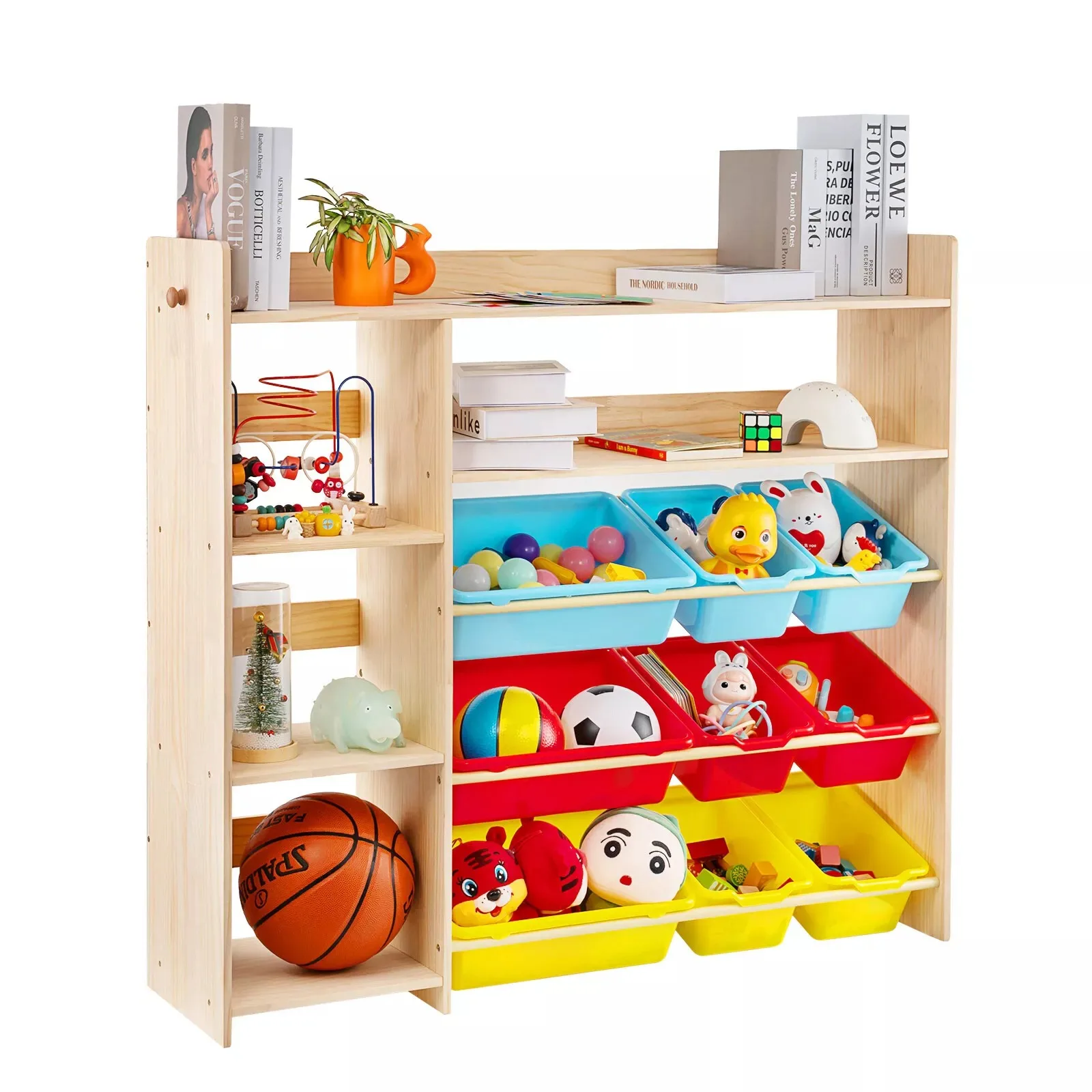 Wooden Toy Storage Organizer Shelf Solid Wood Organizer Furniture W/Storage Box Kids Playroom Storage Cabinet W/9 Plastic Bins