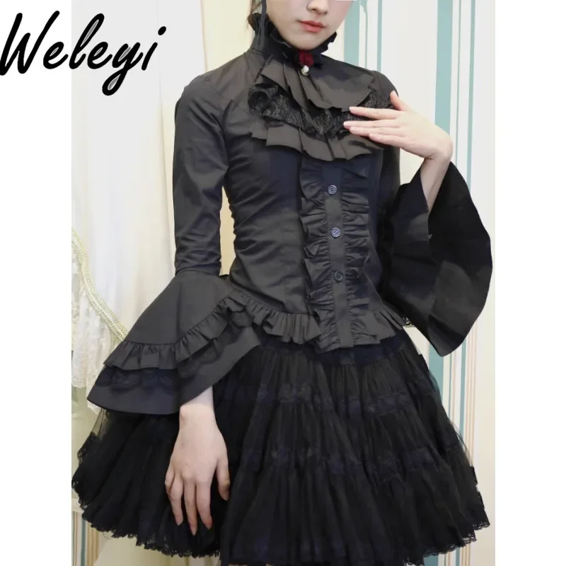 Lolita Goth Horn Ji Sleeve Shirt for Women 2025 Spring New Court Bow Tie Ruffles Long Flared Sleeve Stand Collar Blouse Female